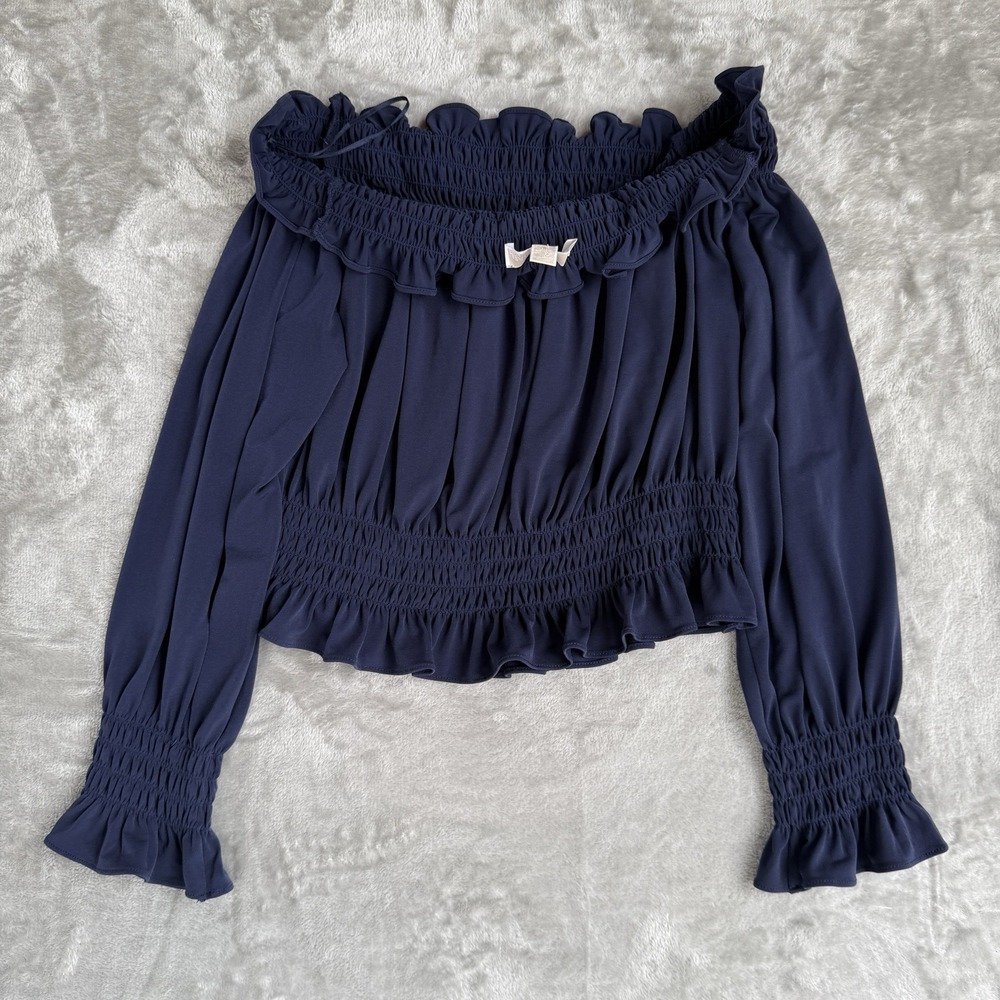 Michael Kors Romantic Boho Off Shoulder Smock Waist Ruffle Navy Peplum Blouse Lg - Picture 5 of 5